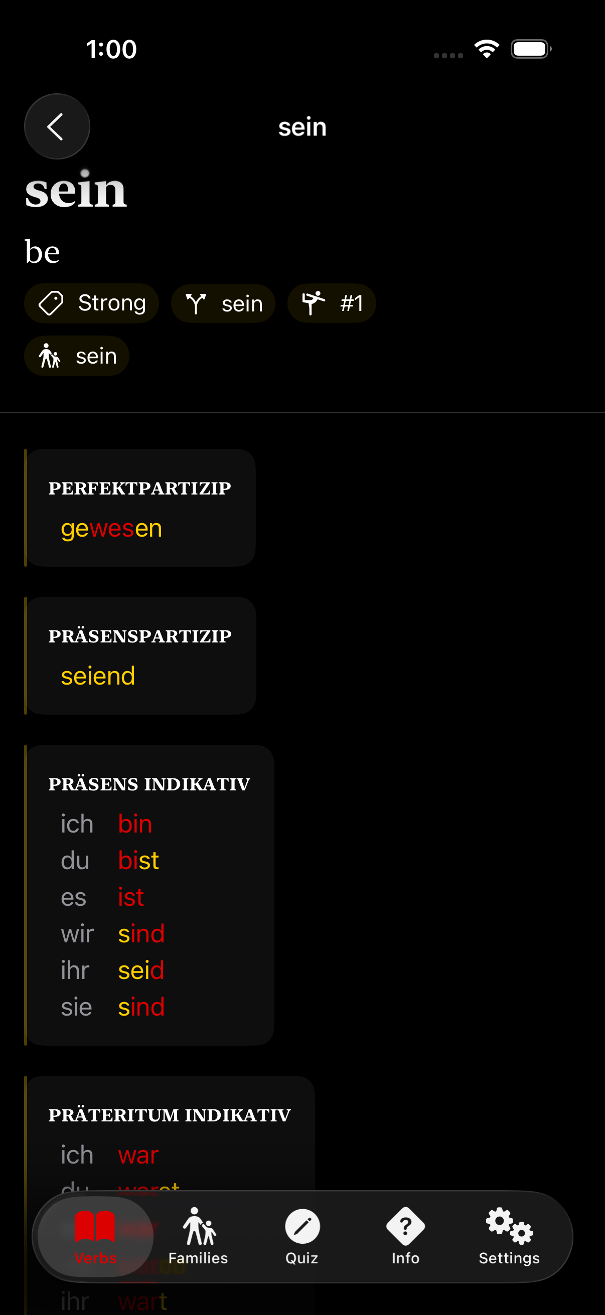 The Konjugieren verb-detail screen after the audit: each conjugation section lives inside a card on secondarySystemBackground with a thin yellow accent bar on its leading edge