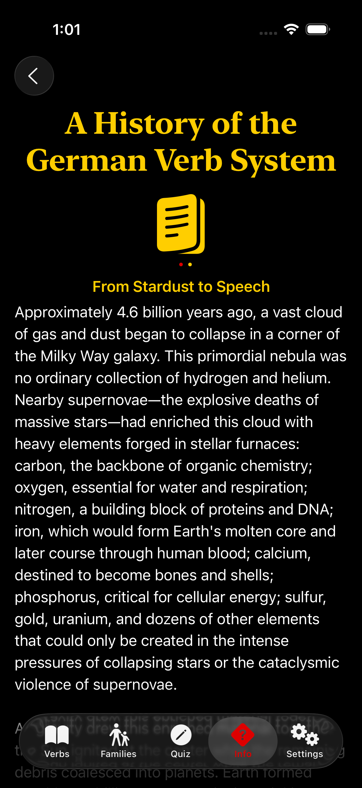 The Konjugieren article-detail screen after the audit: the title renders in SF Pro serif at large-title weight, and the body text is constrained to a 680-point reading measure