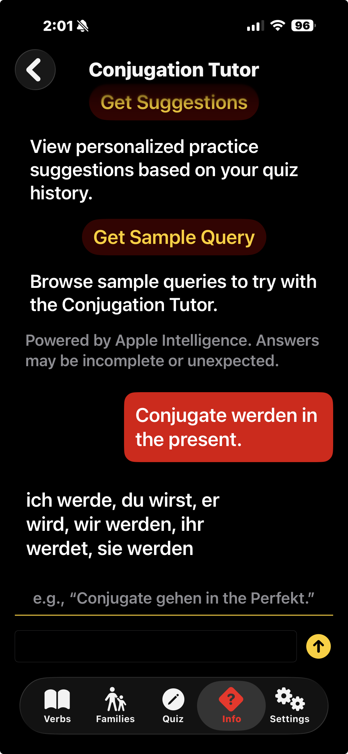The Konjugieren Conjugation Tutor before the fix: the assistant’s responses sit as invisible rectangles on a pure-black background, with only the reply text indicating their location