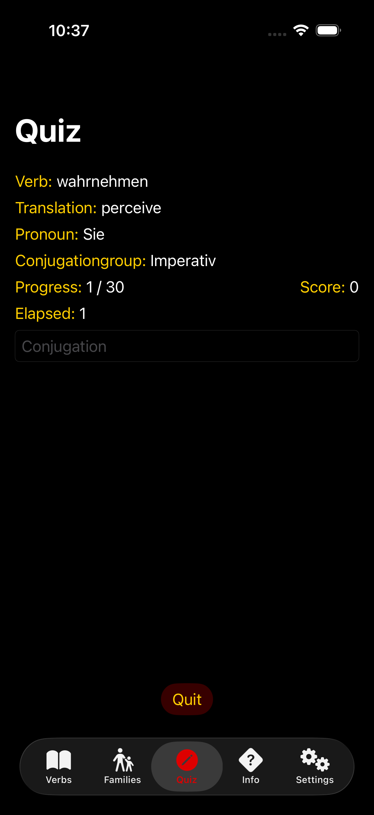 The Konjugieren quiz screen before the audit: content pinned near the top of the screen, large empty black field below, Quit button floating at the bottom