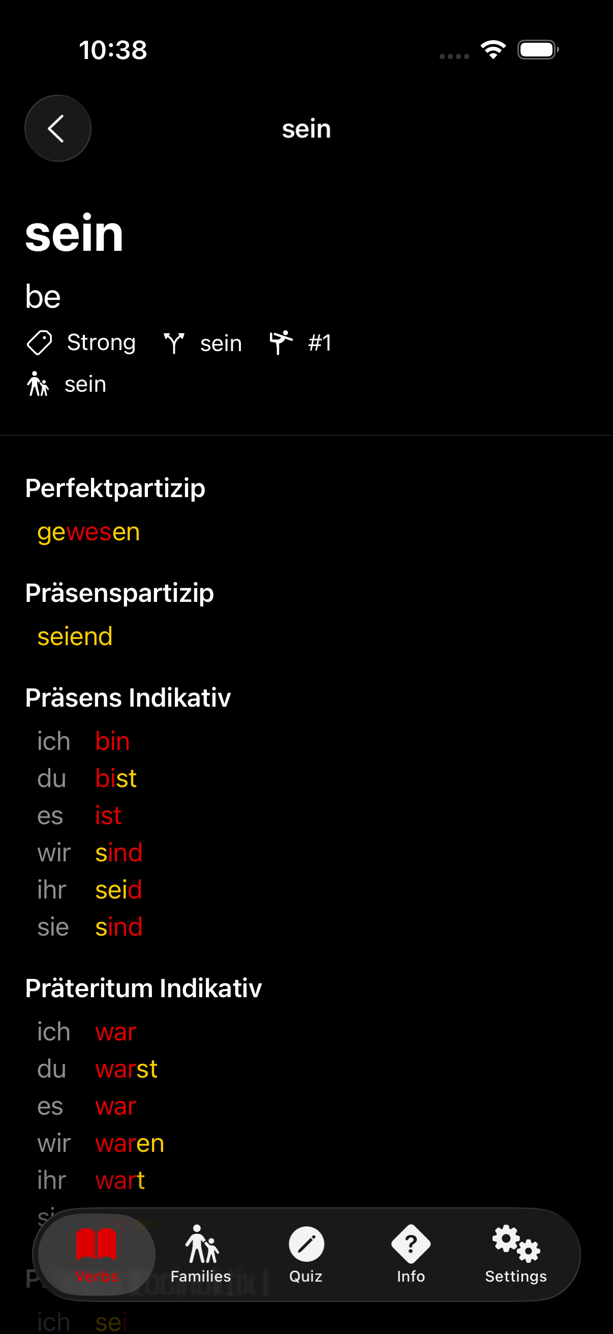 The Konjugieren verb-detail screen before the audit: conjugation sections blend into the black background with no visual separation