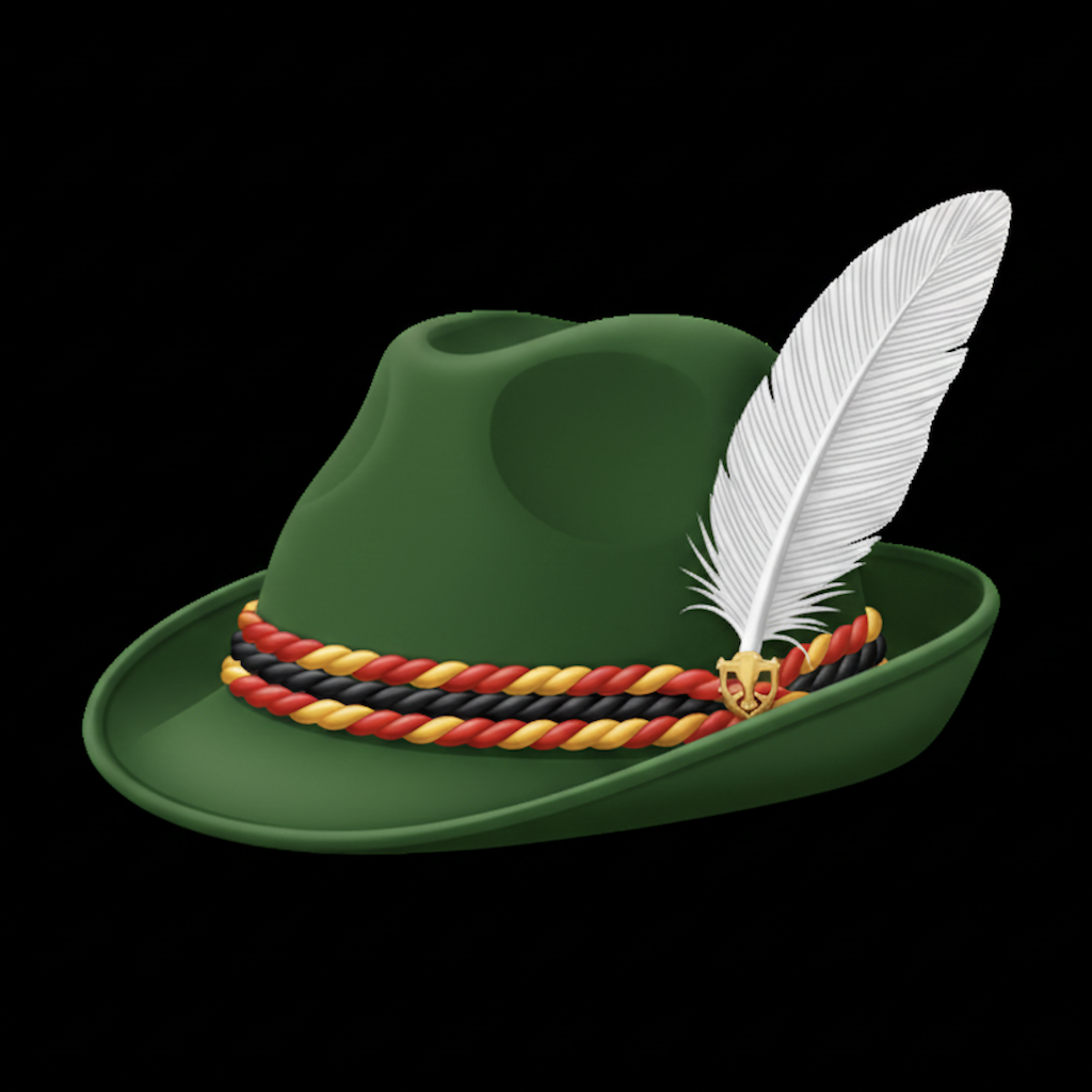 A traditional Bavarian hat with a white feather and a braided cord in the black, red, and gold of the German flag