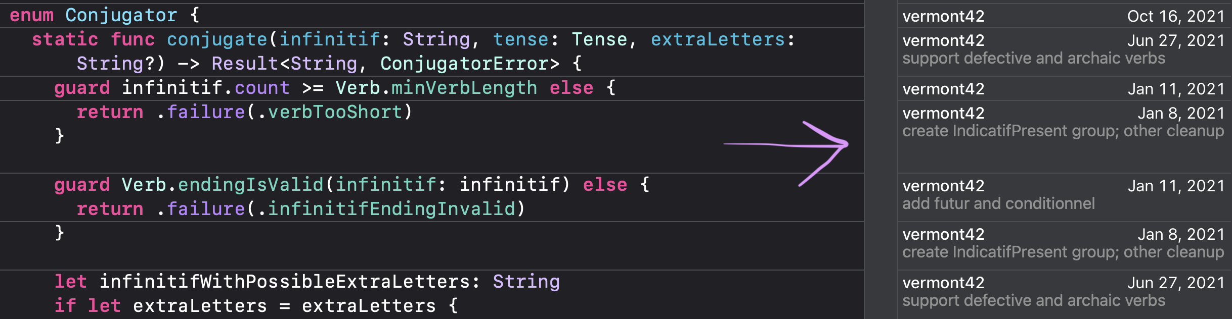 Conjuguer Source Code with Authors (Git Blame) Activated