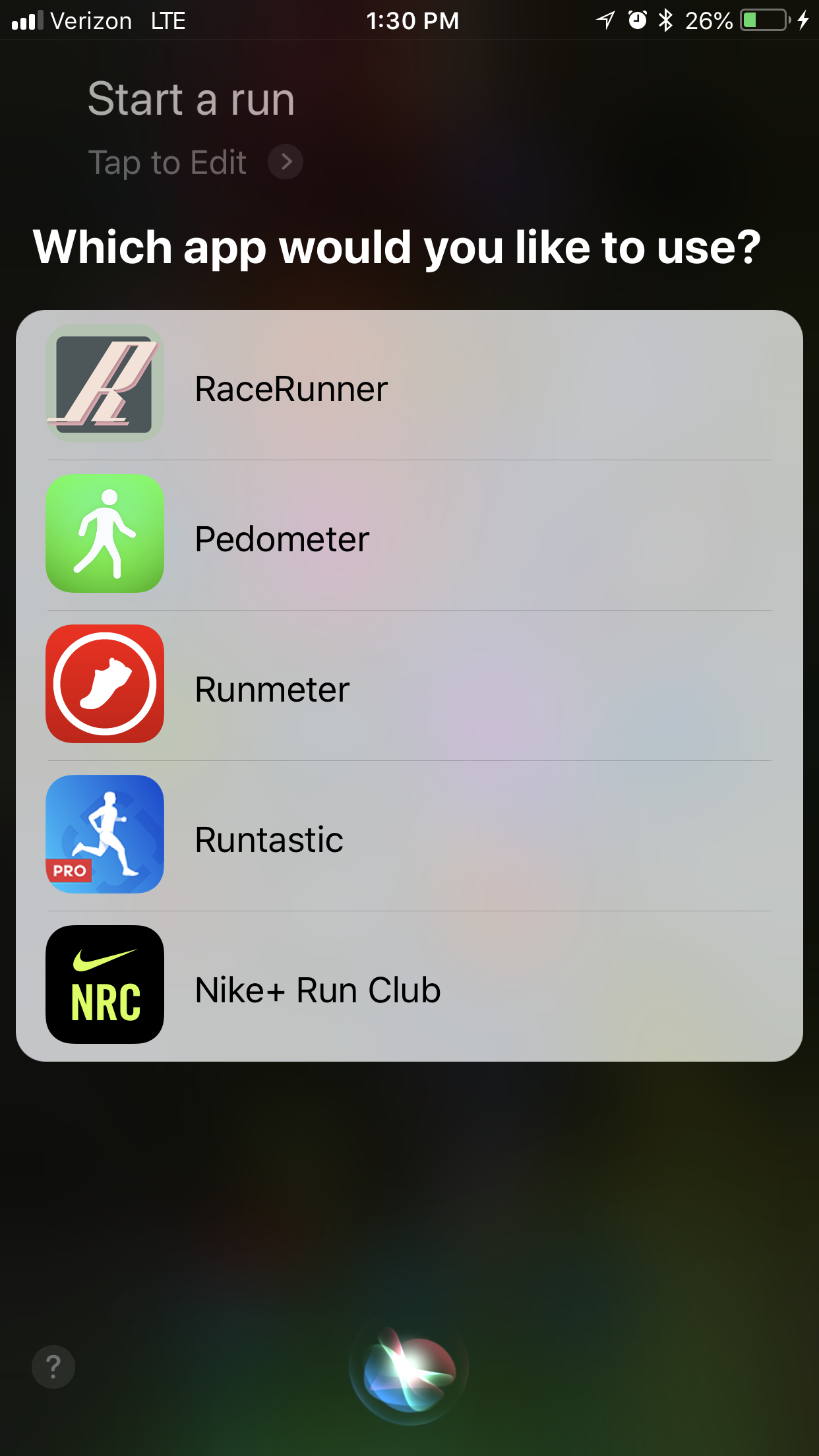 Generic Workout Initiated via Siri