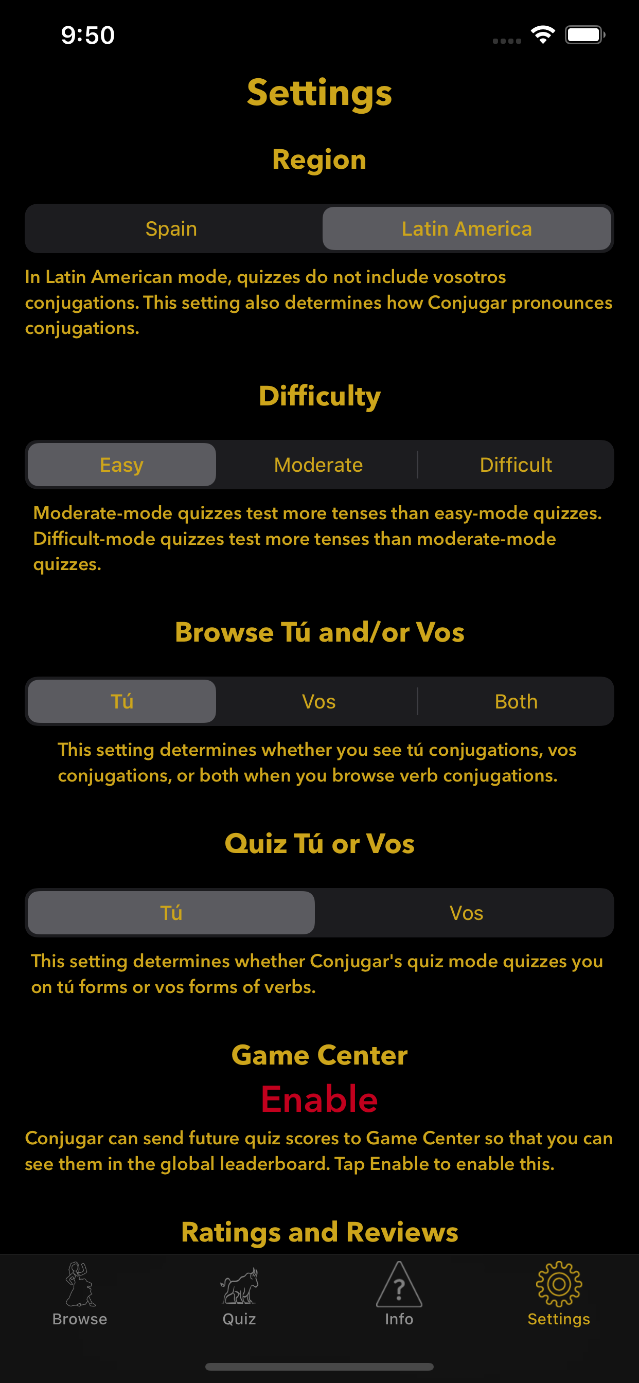 Conjugar's Settings Screen