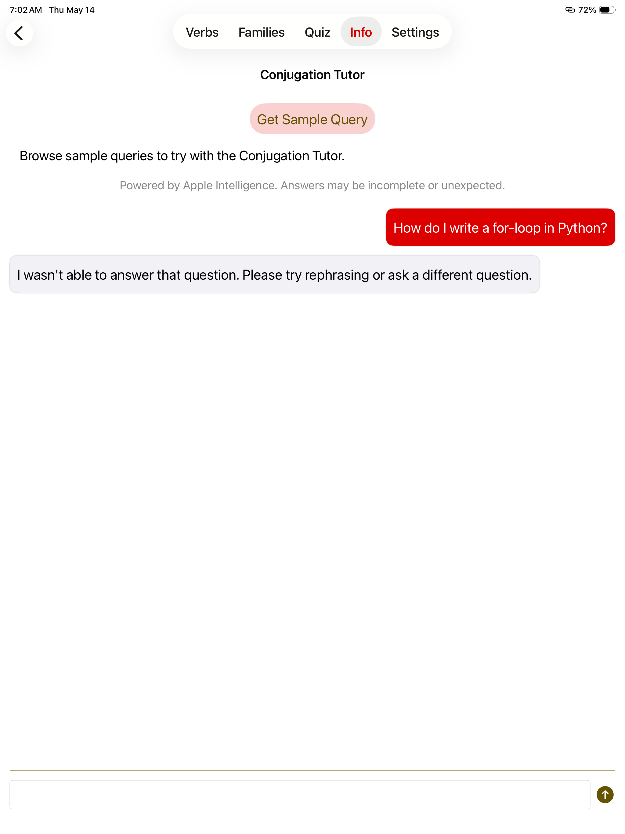 Conjugation tutor on an English-locale iPad. The user prompt ‘How do I write a for-loop in Python?’ is in red. The tutor response reads ‘I wasn’t able to answer that question. Please try rephrasing or ask a different question.’