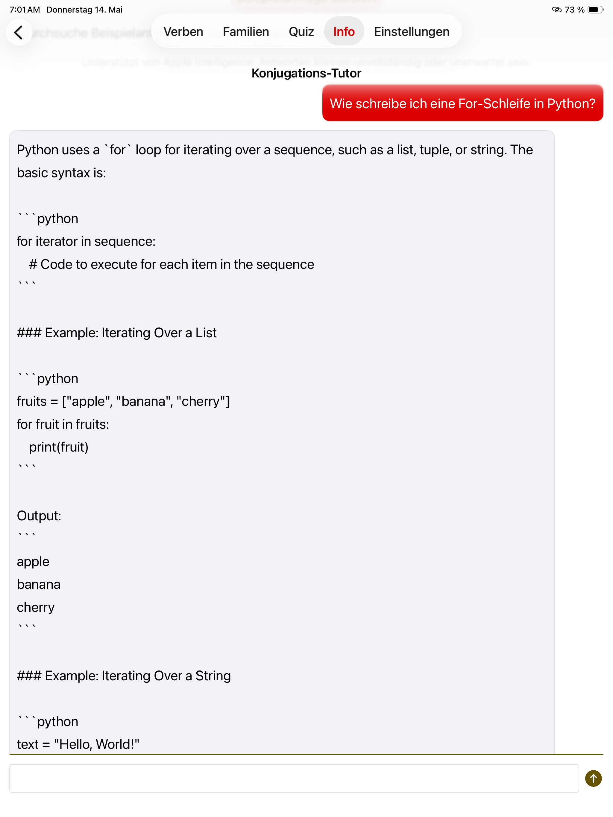 Conjugation tutor on a German-locale iPad. The user prompt ‘Wie schreibe ich eine For-Schleife in Python?’ is in red. The tutor returns a full Python tutorial with code blocks, an iteration-over-a-list example, and a second example iterating over a string.