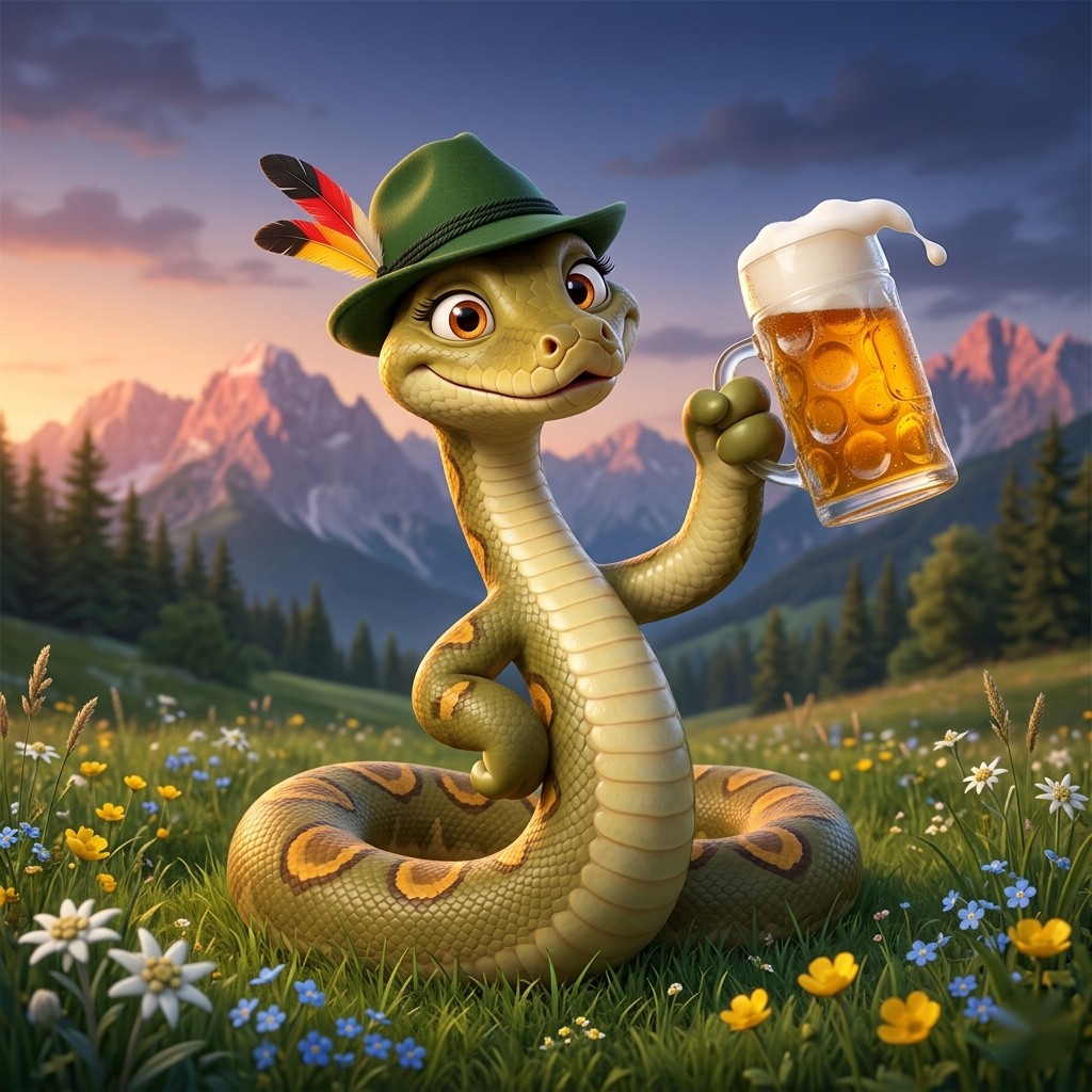 A friendly cartoon python coiled around a stein of beer, wearing a green Tyrolean hat with feathers in the German flag's colors of black, red, and gold, standing in front of the snow-capped Bavarian Alps